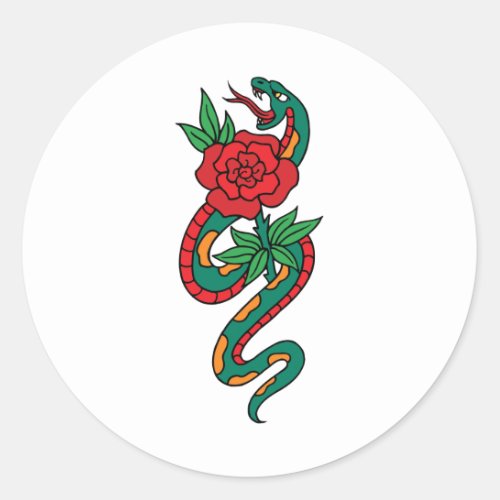 Snake Wrapped Around a Red Rose Tattoo Art Classic Round Sticker