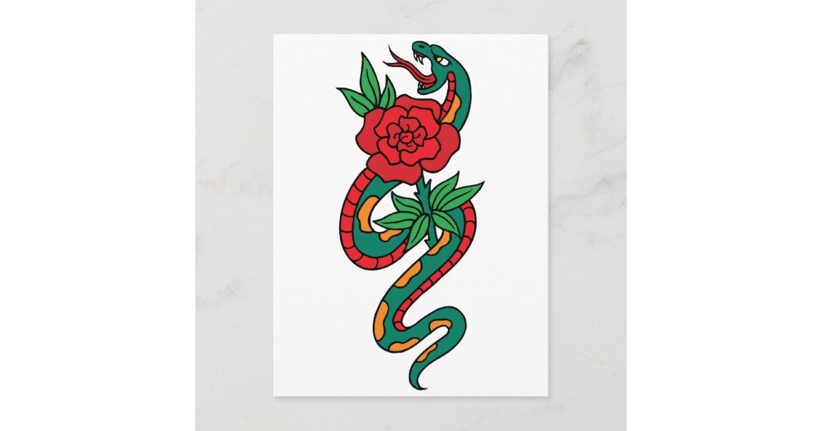 Snake Wrapped Around a Red Rose Tattoo Art Postcard | Zazzle
