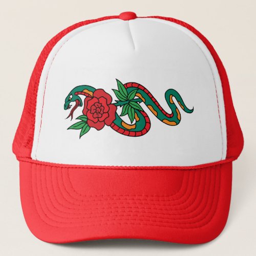 Snake Wrapped Around a Red Rose Tattoo Art Trucker Hat