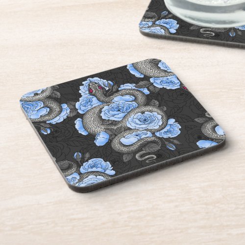 Snakes and blue roses beverage coaster
