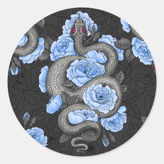 Snakes and blue roses classic round sticker (Front)