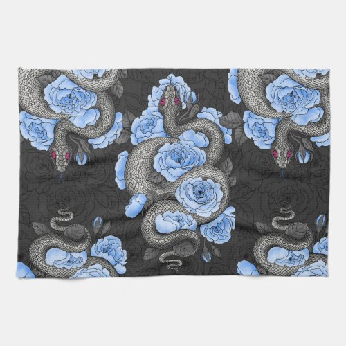 Snakes and blue roses kitchen towel