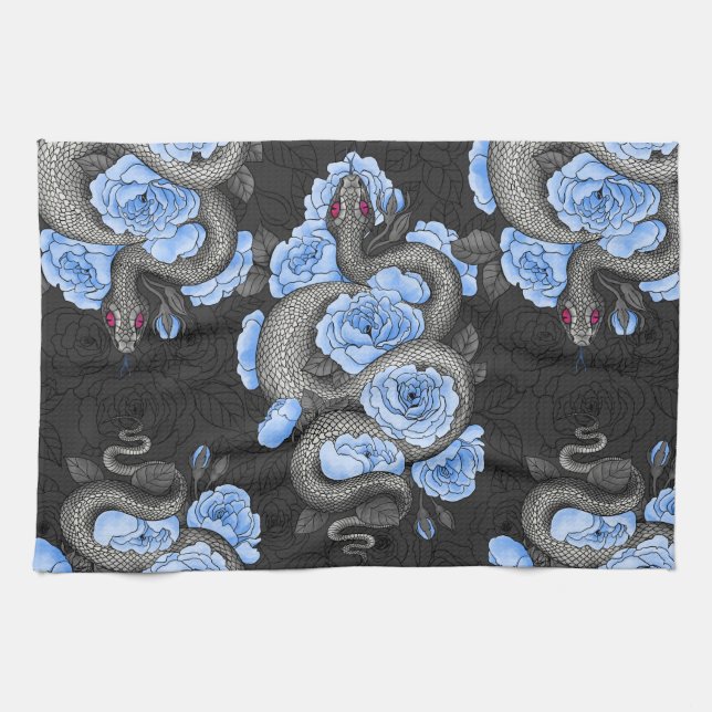 Snakes and blue roses kitchen towel (Horizontal)