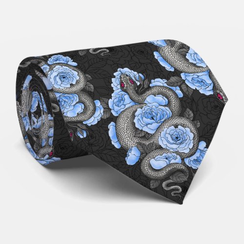 Snakes and blue roses neck tie