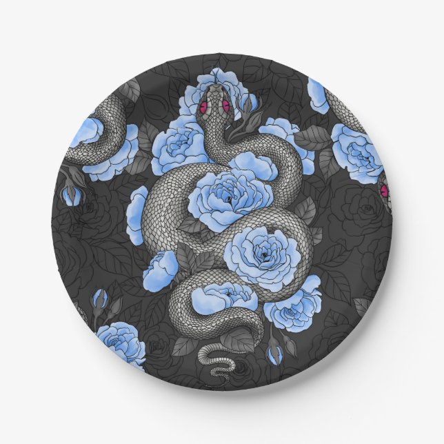 Snakes and blue roses paper plates (Front)