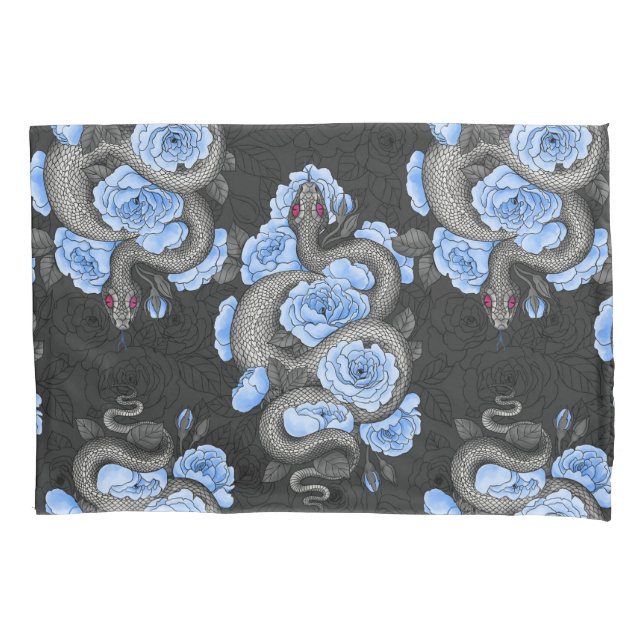 Snakes and blue roses pillow case (Front-Left)