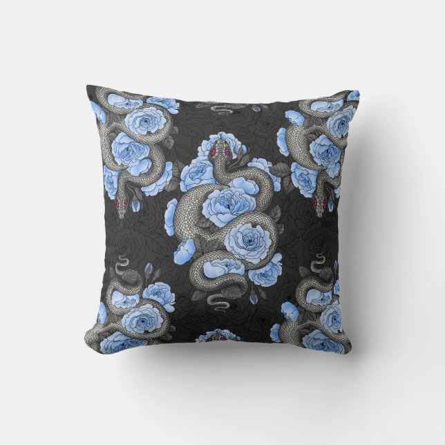 Snakes and blue roses throw pillow (Front)