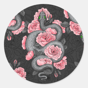 Snakes and  peach roses classic round sticker