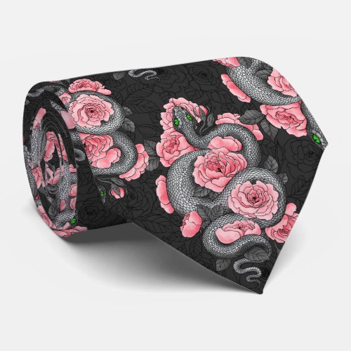 Snakes and  peach roses neck tie