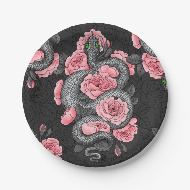 Snakes and  peach roses paper plates (Front)