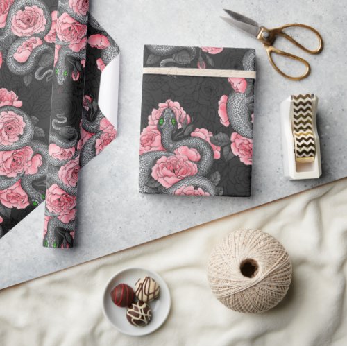 Snakes and  peach roses wrapping paper