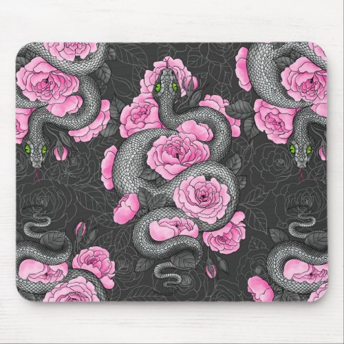 Snakes and pink roses mouse pad