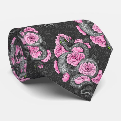 Snakes and pink roses neck tie