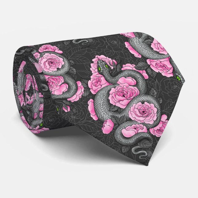 Snakes and pink roses neck tie (Rolled)