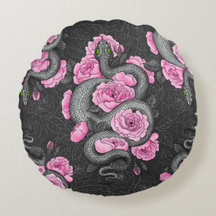Snakes and pink roses round pillow