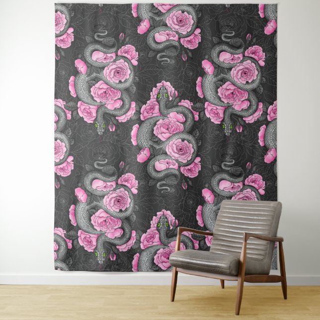 Snakes and pink roses tapestry (In Situ)