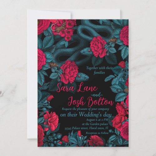 Snakes and red roses on black invitation