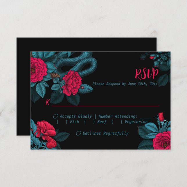 Snakes and red roses on black, RSVP Enclosure Card (Front/Back)