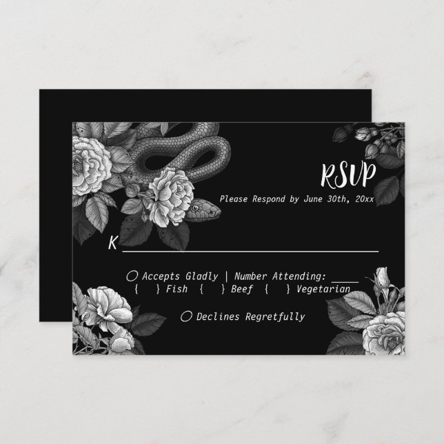 Snakes and roses, monochrome on black, RSVP Enclos Enclosure Card (Front/Back)
