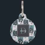 Snakes Sun Moon Check Monogram Personalize Teal Pet ID Tag<br><div class="desc">Cool modern and mystical checkers pattern with suns and moons and snakes. In black,  white and teal</div>