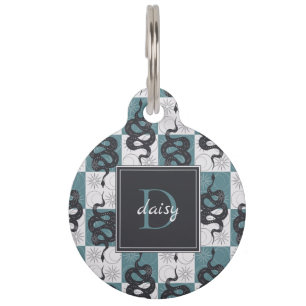 Snakes Sun Moon Check Monogram Personalize Teal Pet ID Tag
