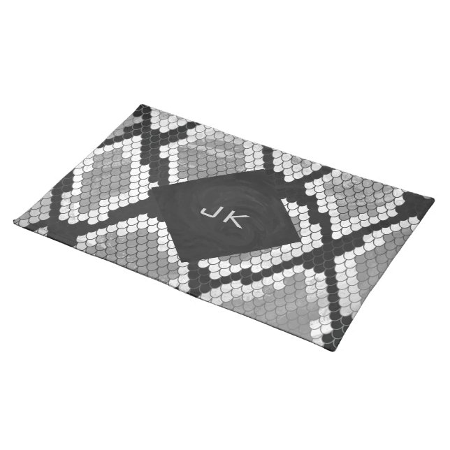 Snakeskin Gray, White, and Black Monogrammed Cloth Placemat (On Table)
