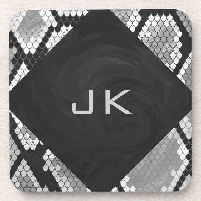Snakeskin Gray, White, and Black Monogrammed Coaster (Front)