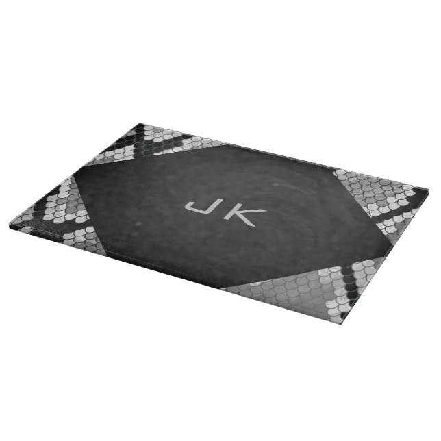 Snakeskin Gray, White, and Black Monogrammed Cutting Board (Corner)
