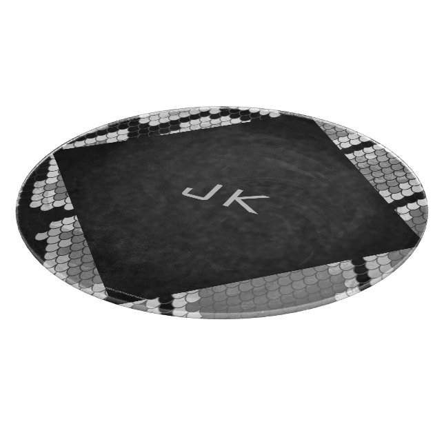 Snakeskin Gray, White, and Black Monogrammed Cutting Board (Corner)