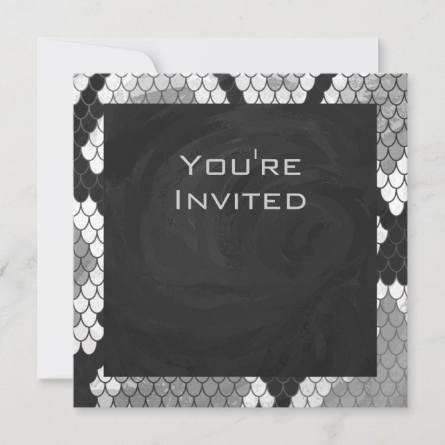 Snakeskin Gray, White, and Black Monogrammed Invitation (Front)