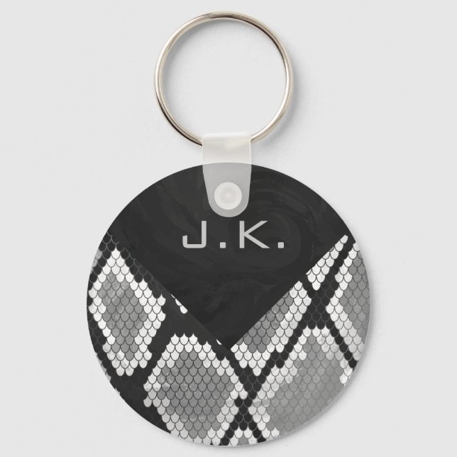 Snakeskin Gray, White, and Black Monogrammed Keychain (Front)