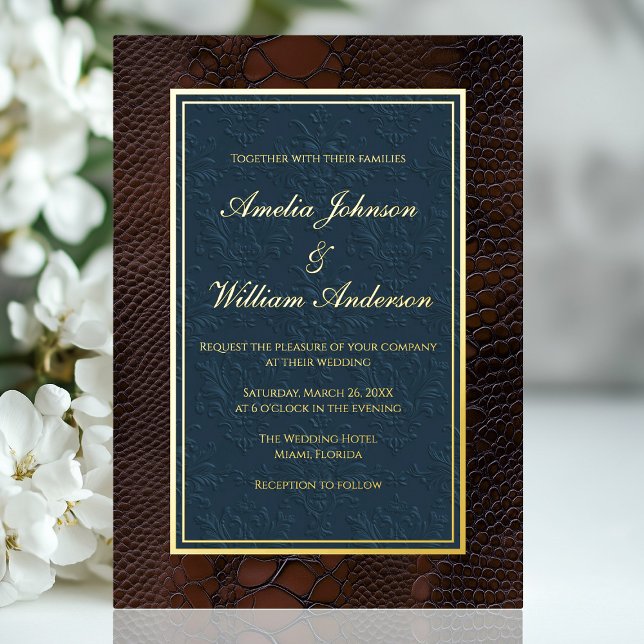 Snakeskin Leather Victorian Brown Blue Wedding Foil Invitation (Snakeskin Leather Victorian Brown Blue Wedding Foil Invitation)