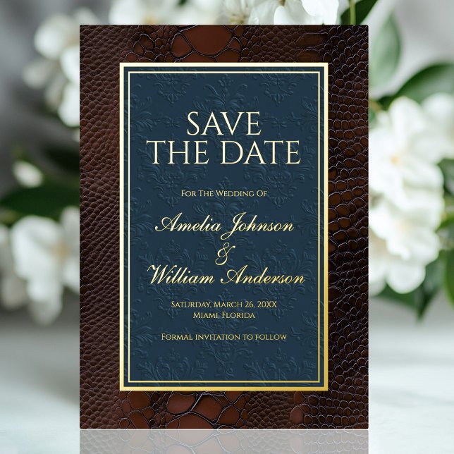 Snakeskin Leather Victorian Brown Save The Date Foil Invitation (Snakeskin Leather Victorian Brown Save The Date Foil Invitation)