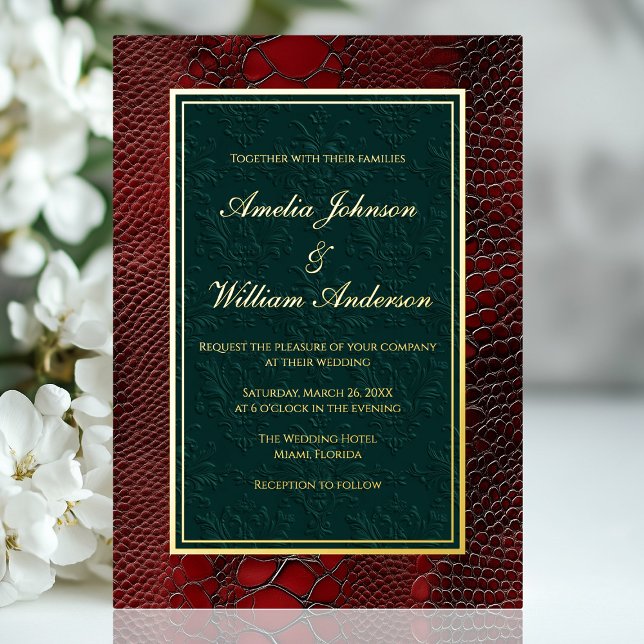Snakeskin Leather Victorian Red Dark Green Wedding Foil Invitation (Snakeskin Leather Victorian Red Dark Green Wedding Foil Invitation)