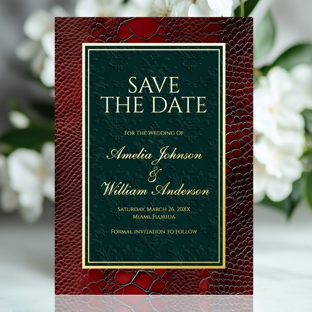 Snakeskin Leather Victorian Red Save The Date Foil Invitation (Snakeskin Leather Victorian Red Save The Date Foil Invitation)