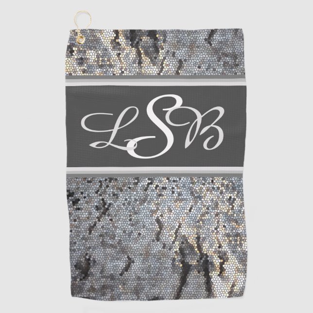 Snakeskin Pattern Mosaic Small Gray Tile Monogram Golf Towel (Front)
