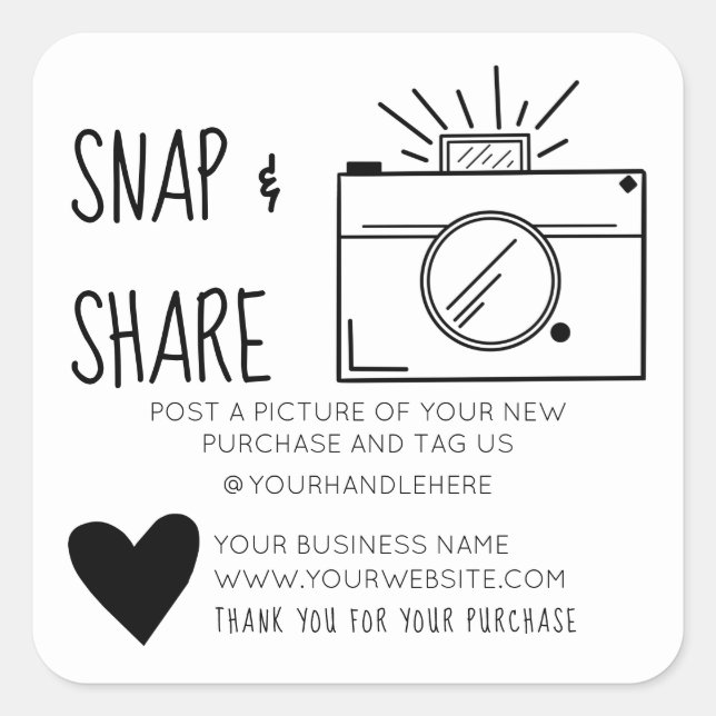 Snap and Share Camera Heart Social Media Business Square Sticker (Front)