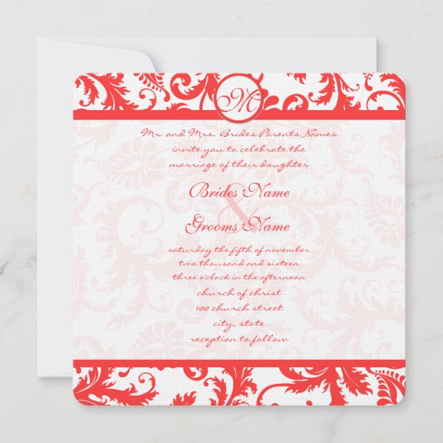 Snap Dragon Coral Damask Wedding Invitation (Front)