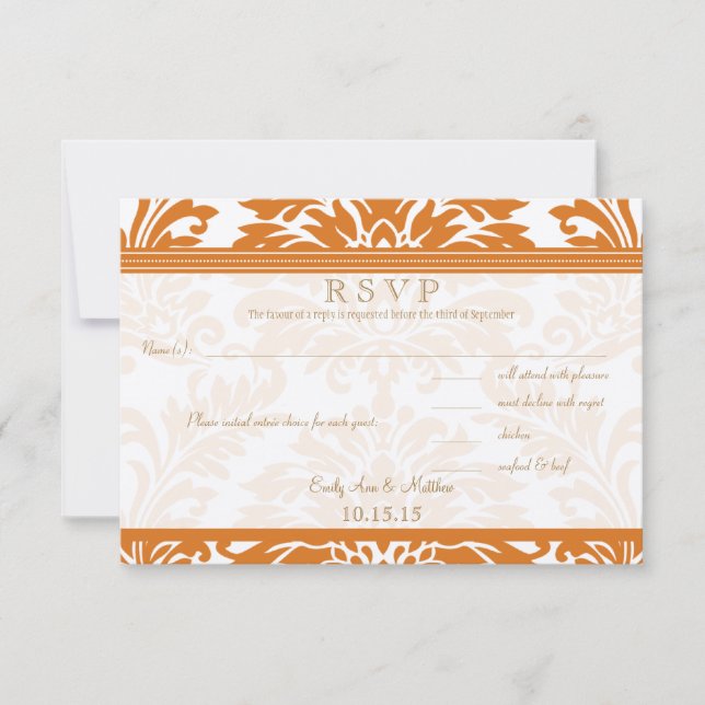 Snapdragon Coral & Ivory Damask Wedding RSVP Card (Front)