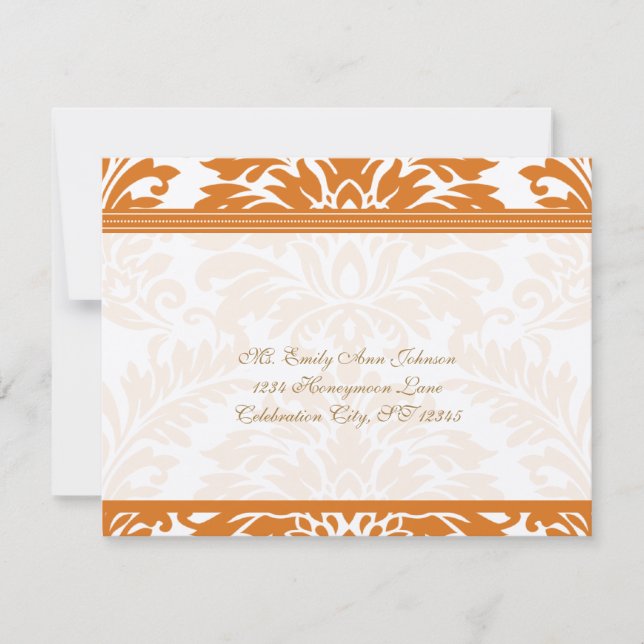 Snapdragon Coral & Ivory Damask Wedding RSVP Card (Front)