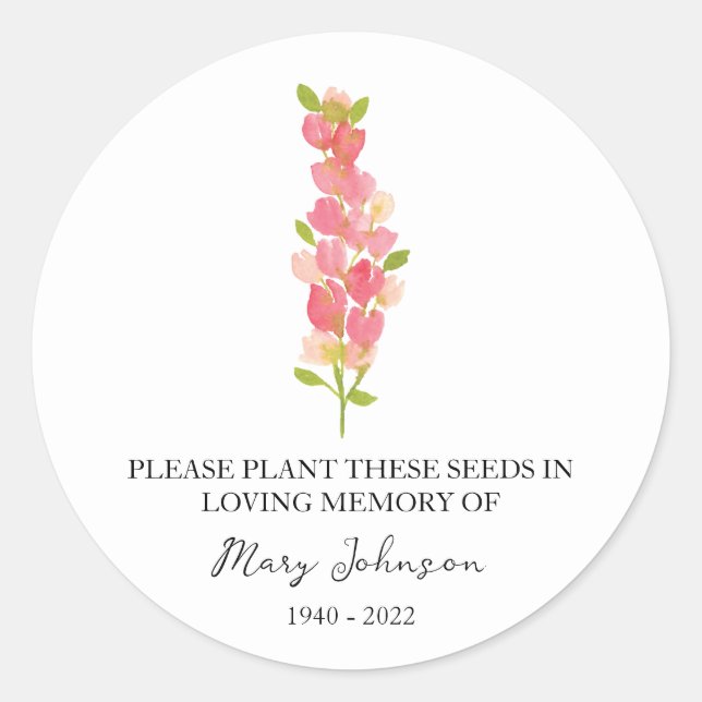 Snapdragon Memorial Funeral Seed Packet Classic Round Sticker (Front)