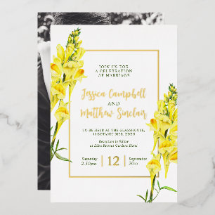 Snapdragon yellow flowers and gold summer wedding foil invitation