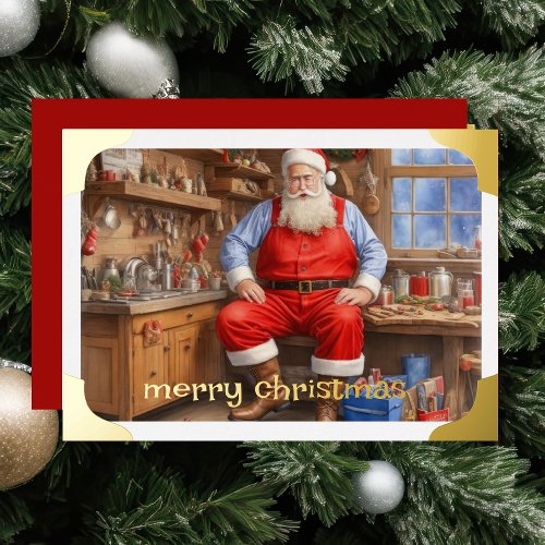 Snapshot of Santa in His Workshop Foil Holiday Card
