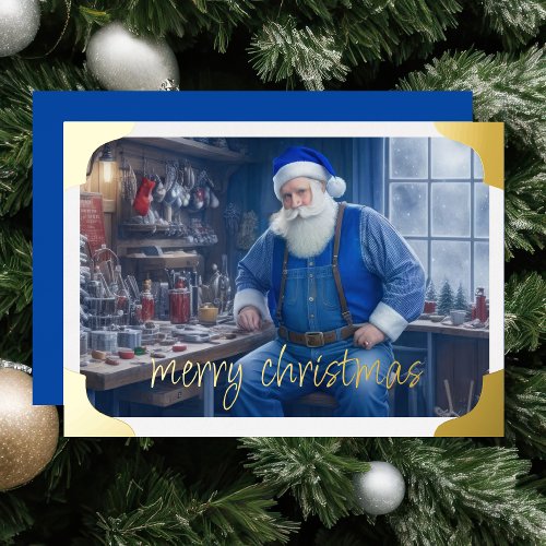Snapshot of Santa Working at Bench Foil Holiday Card