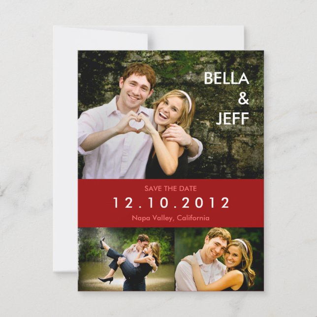 Snapshots Wedding in Red Save the Date Card (Front)