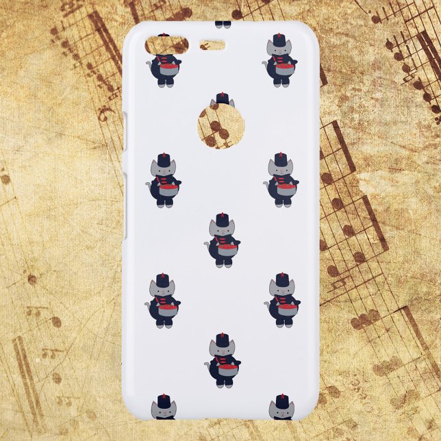 Snare Drum Marching Band Cat Navy Blue Red Uncommon Google Pixel Case (A phone case with gray cats playing the snare drum in a navy blue & red marching band uniform.)