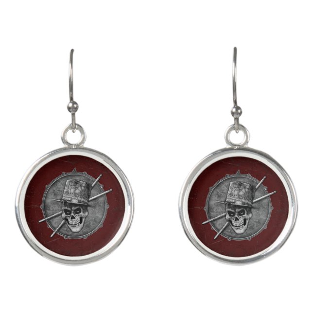 Snare Drum Skull Drummer Heavy Metal Rock Drumming Earrings (Front)