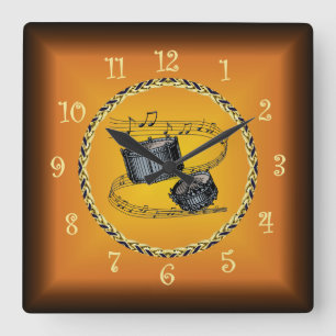 Snare Drums On Musical Scroll & Russet Orange ~ Square Wall Clock
