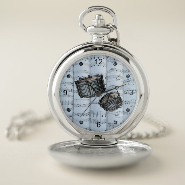 Snare Drums ~ Rolled Sheet Music ~ Blue Tint Back  Pocket Watch (Inside)