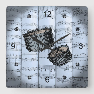 Snare Drums ~ Rolled Sheet Music ~ Blue Tint Back Square Wall Clock